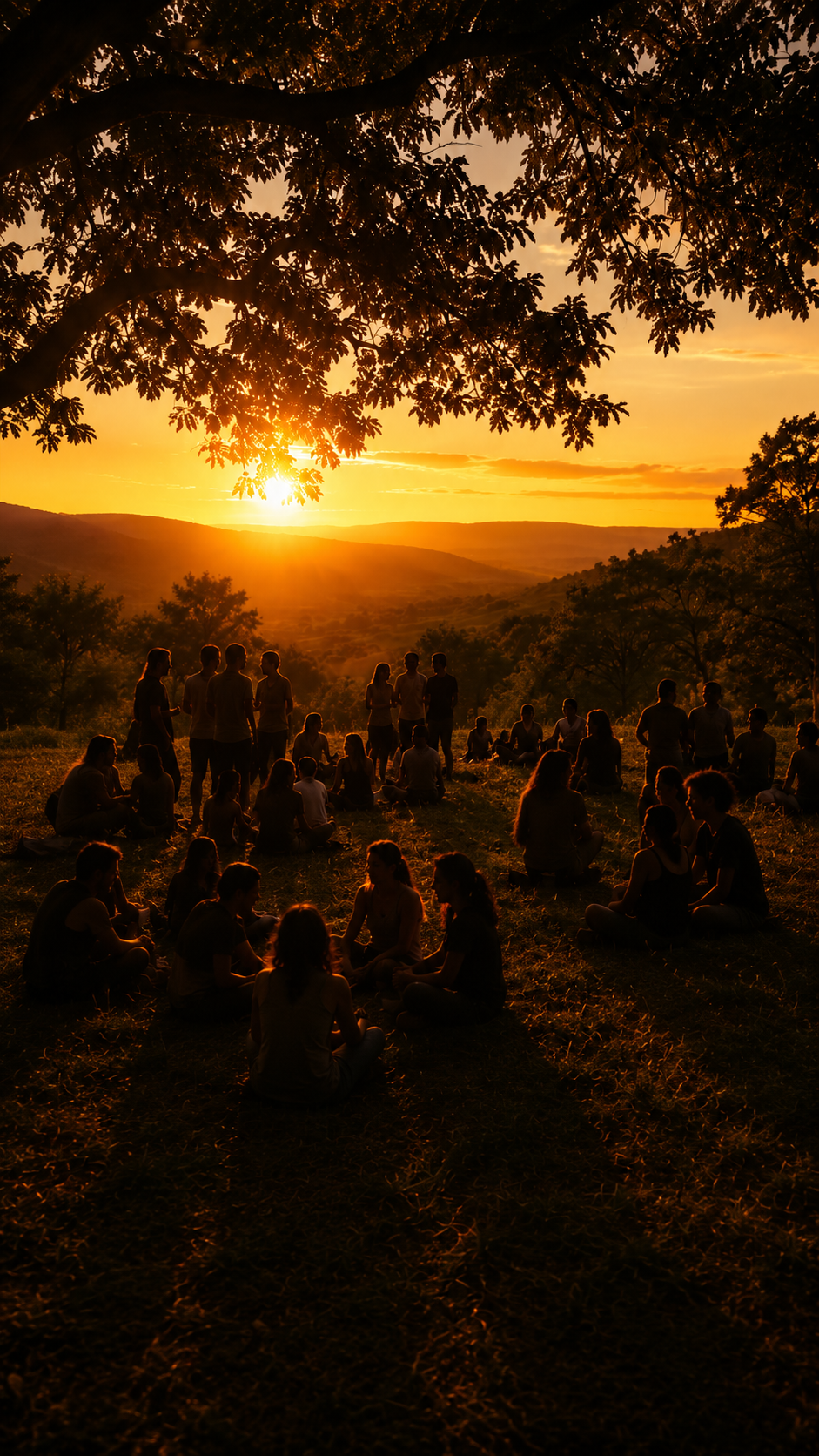 A group gathered beneath a tree at sunset